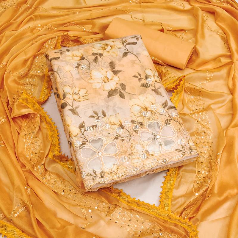 yellow cotton embroidered dress material