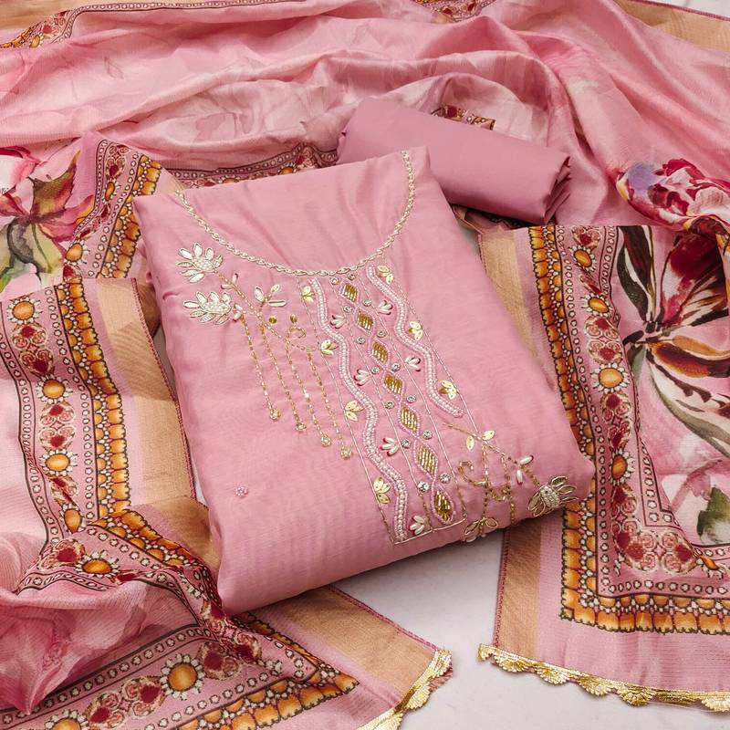 pink cotton embroidered dress material