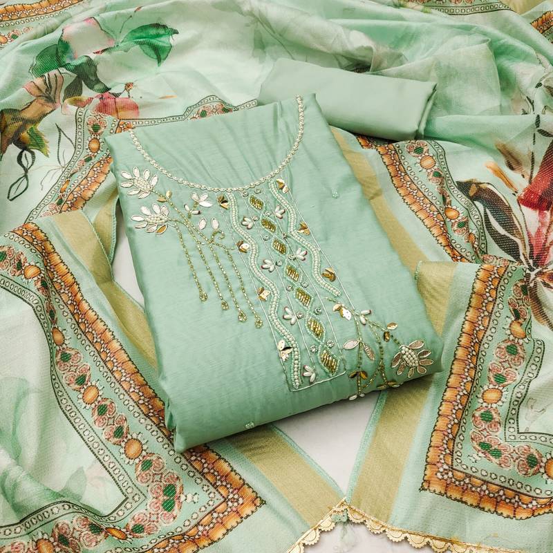 sea green cotton embroidered dress material