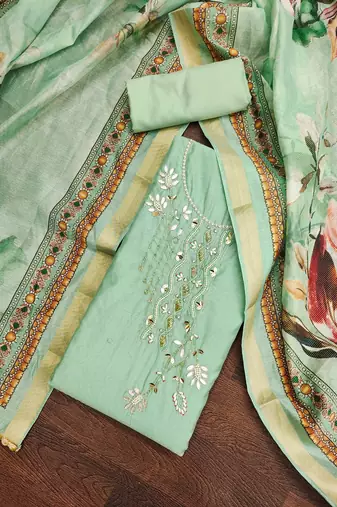sea green cotton embroidered dress material