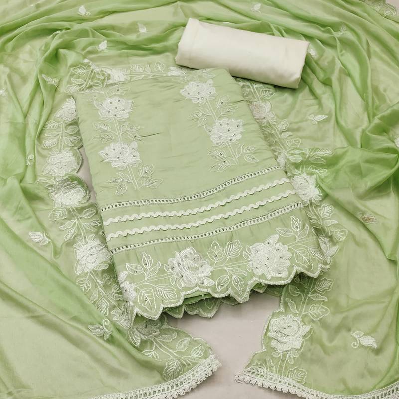 green silk blend embroidered dress material