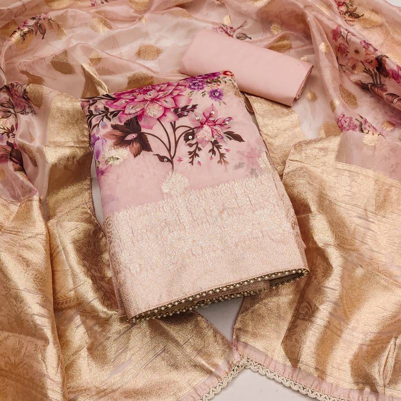 peach organza woven dress material