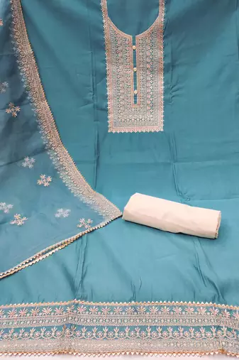 sea green silk blend embroidered dress material