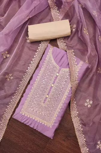 purple silk blend embroidered dress material