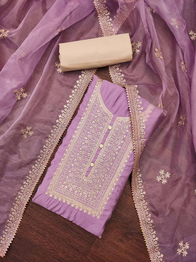 purple silk blend embroidered dress material
