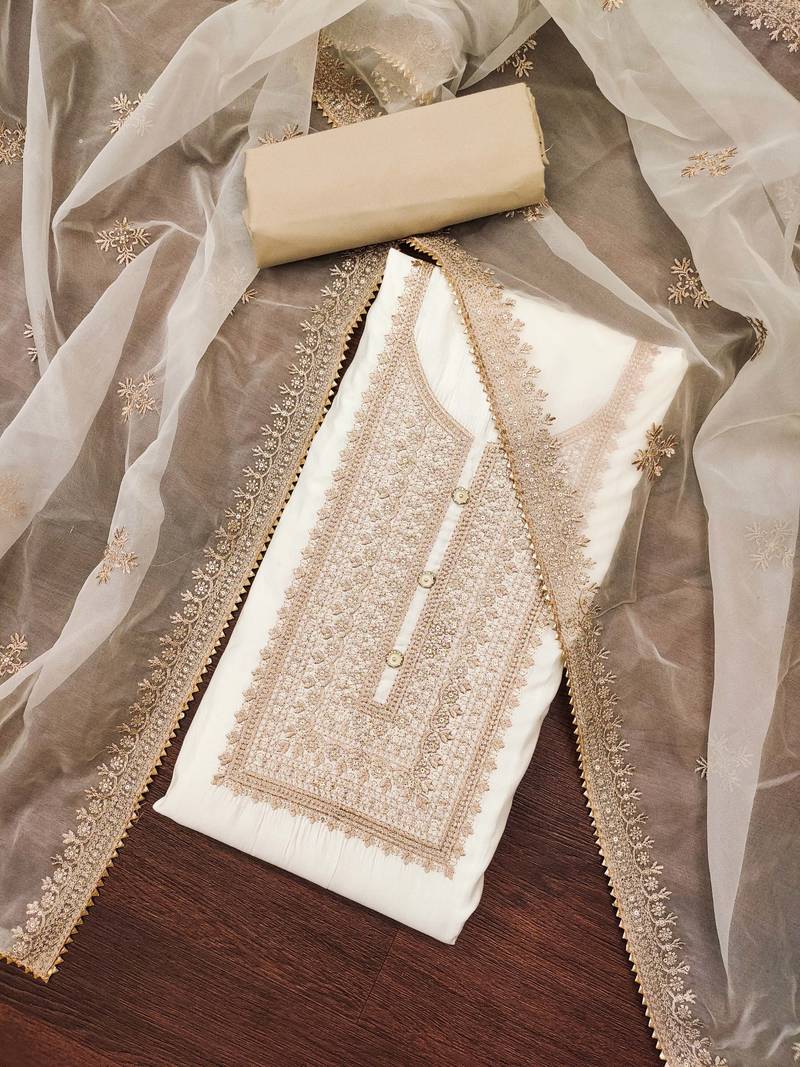 white silk blend embroidered dress material