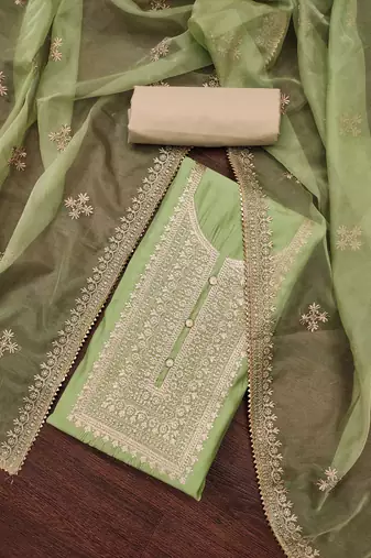 light green silk blend embroidered dress material