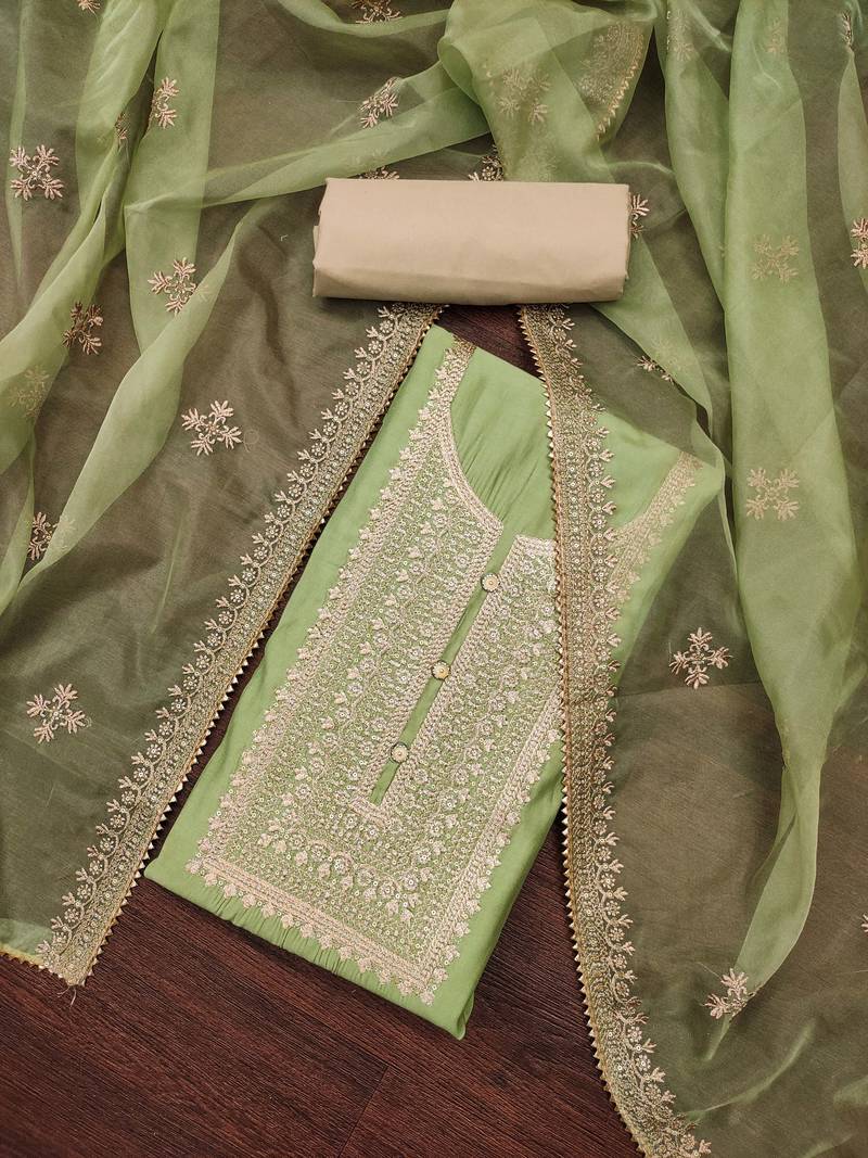 light green silk blend embroidered dress material