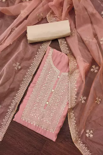 peach silk blend embroidered dress material