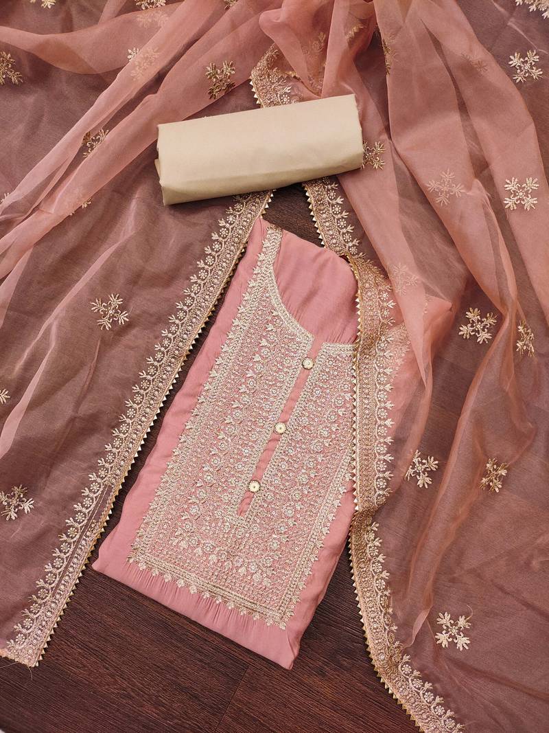 peach silk blend embroidered dress material