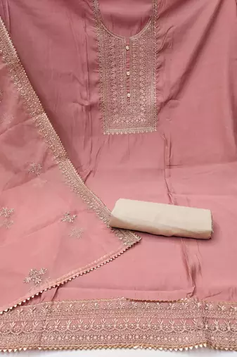 peach silk blend embroidered dress material
