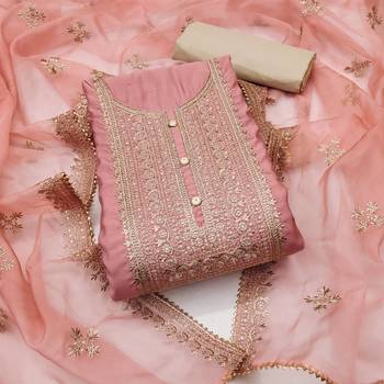 peach silk blend embroidered dress material 3