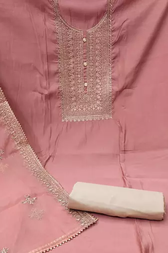peach silk blend embroidered dress material