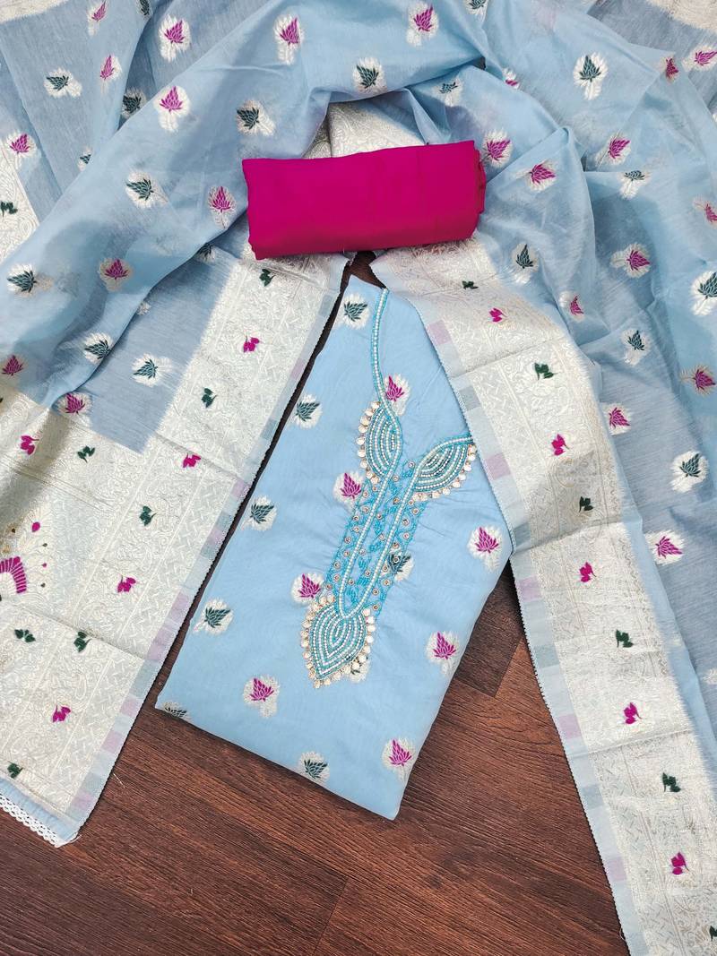 sea green banarasi cotton woven dress material