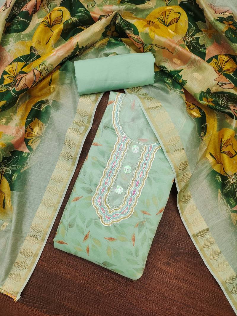 sea green cotton hand embroidery dress material