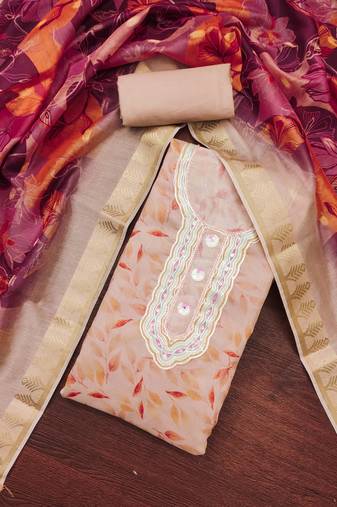 peach cotton hand embroidery dress material