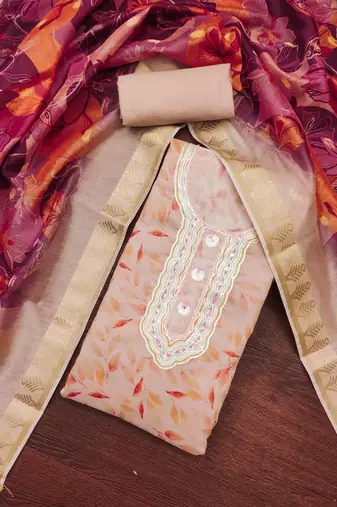 peach cotton hand embroidery dress material