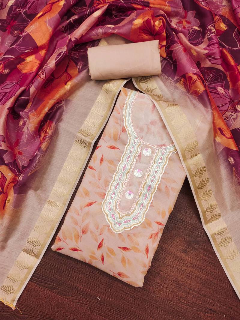 peach cotton hand embroidery dress material