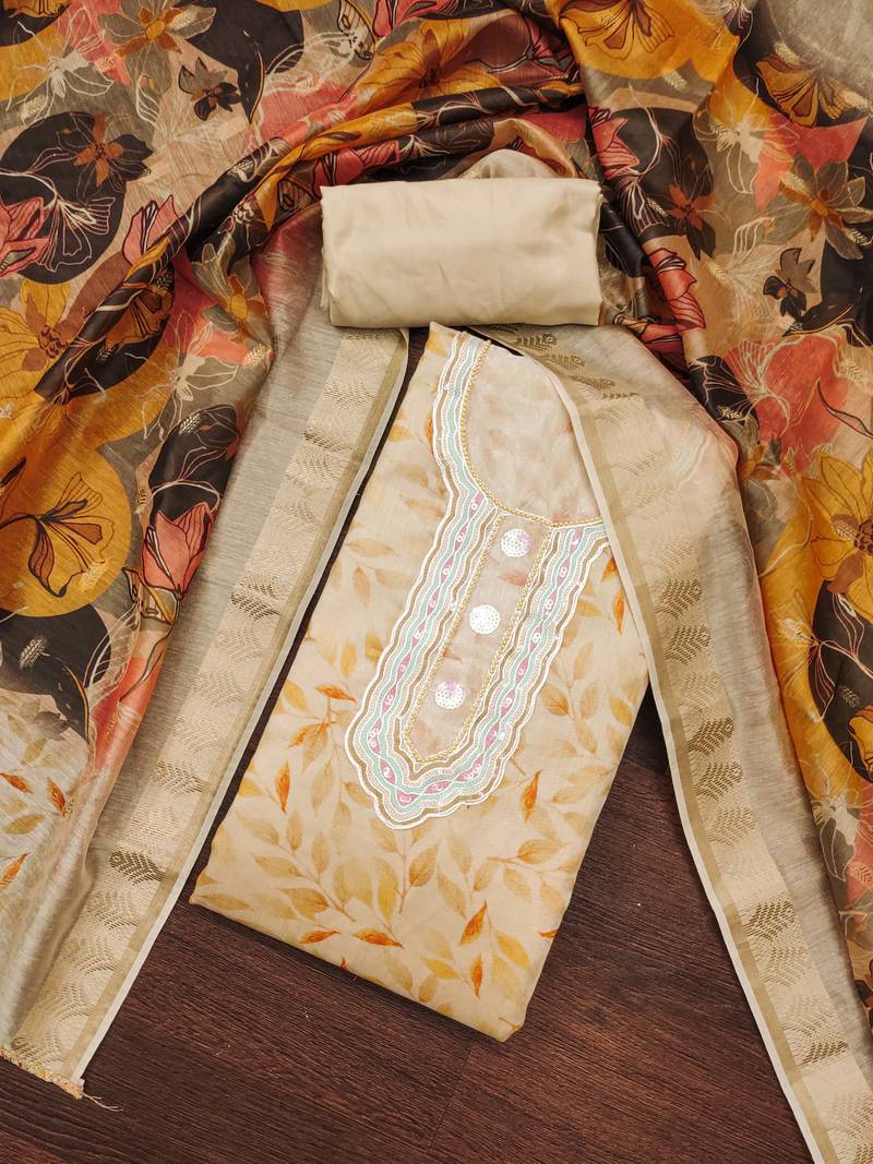 beige cotton hand embroidery dress material