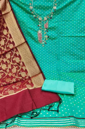 green cotton woven dress material