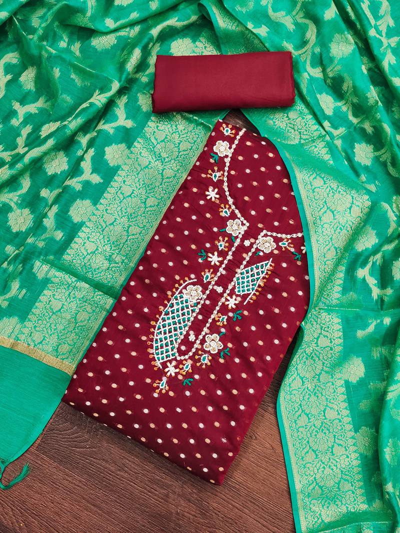 maroon cotton woven dress material