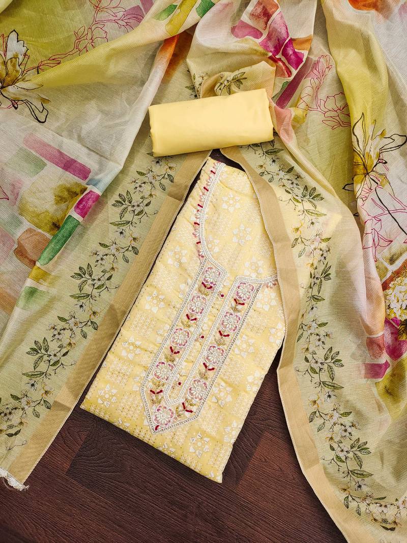 yellow cotton woven dress material