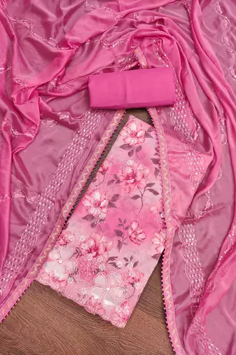 pink cotton embroidered dress material