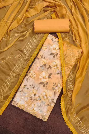 yellow cotton embroidered dress material