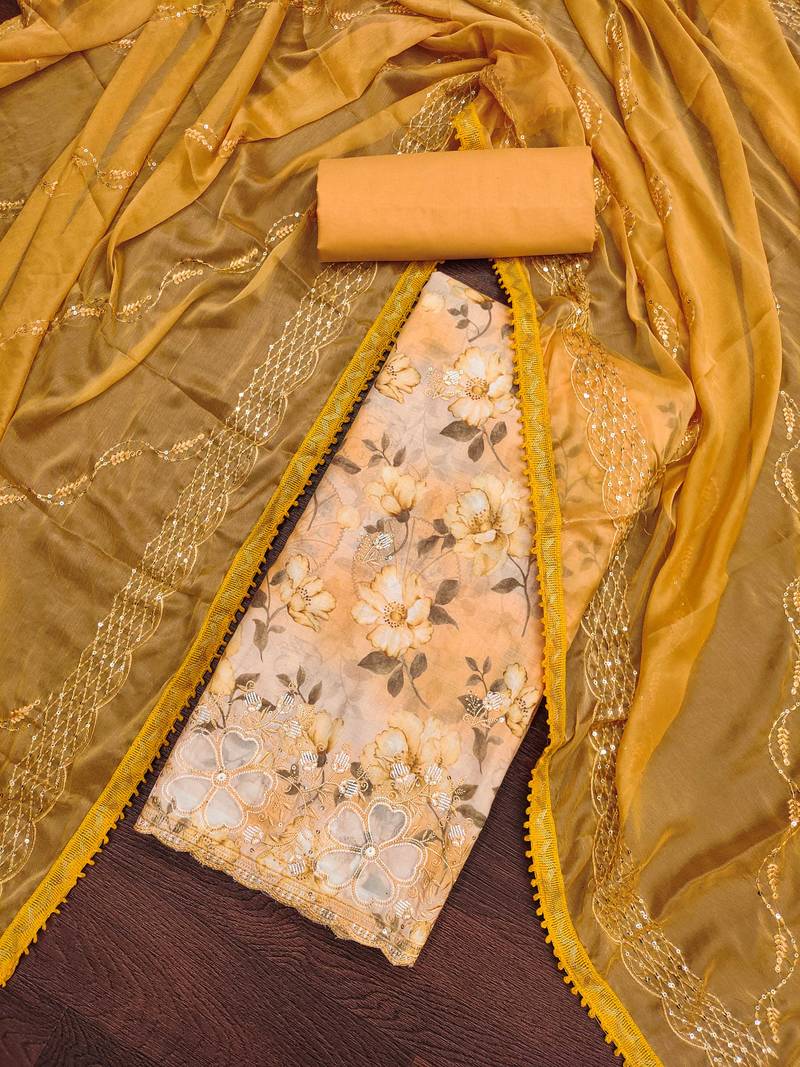 yellow cotton embroidered dress material