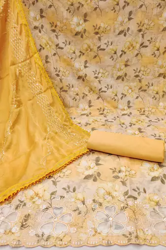 yellow cotton embroidered dress material