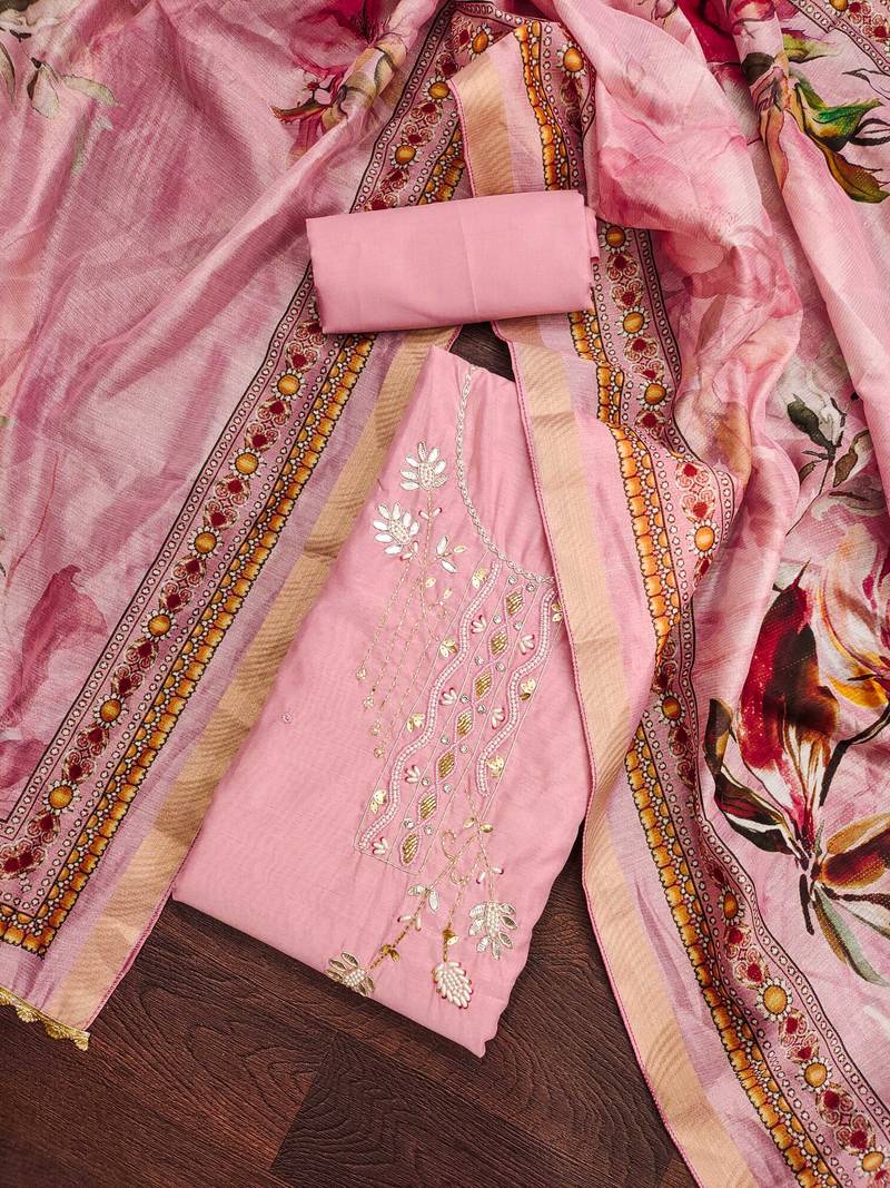 pink cotton embroidered dress material