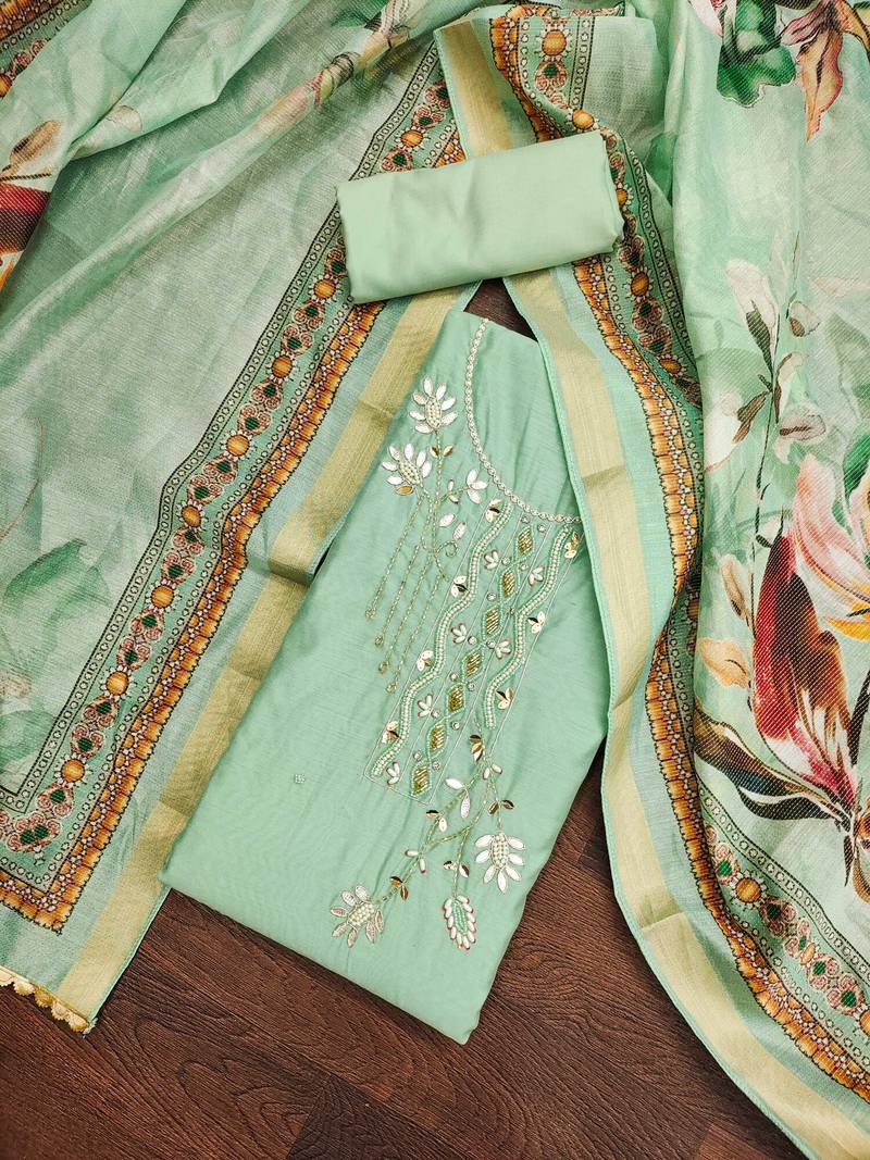 sea green cotton embroidered dress material