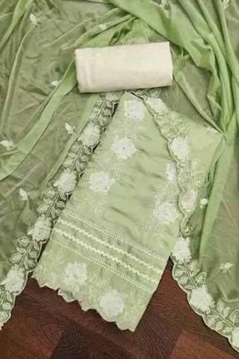 green silk blend embroidered dress material