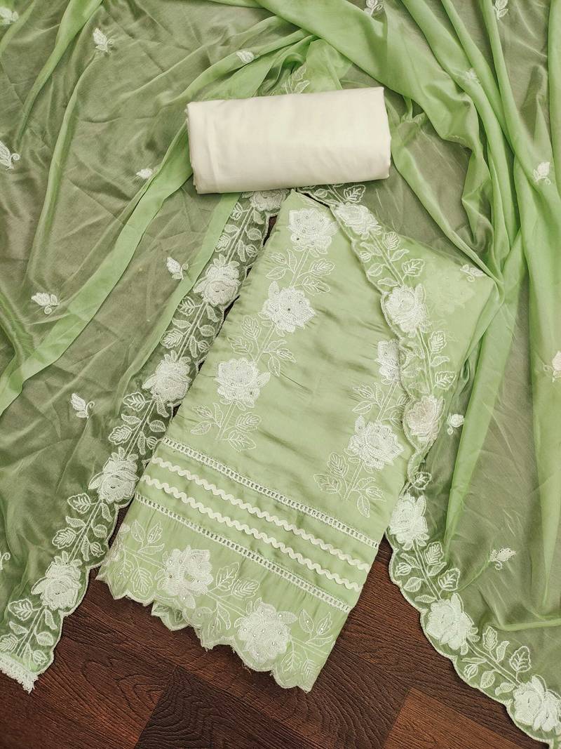 green silk blend embroidered dress material