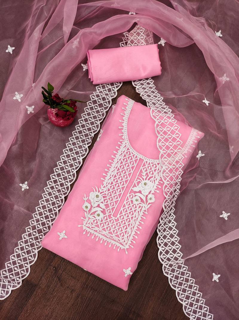 baby pink organza embroidered dress material