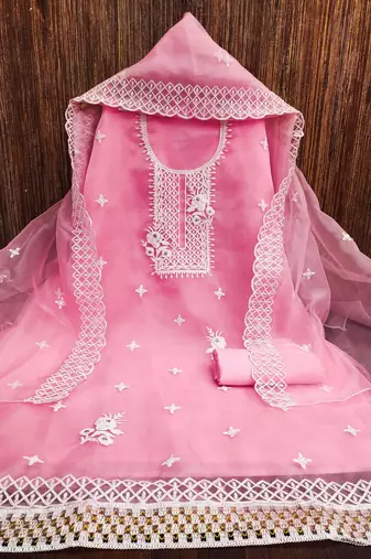baby pink organza embroidered dress material
