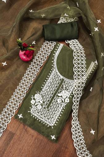 olive organza embroidered dress material
