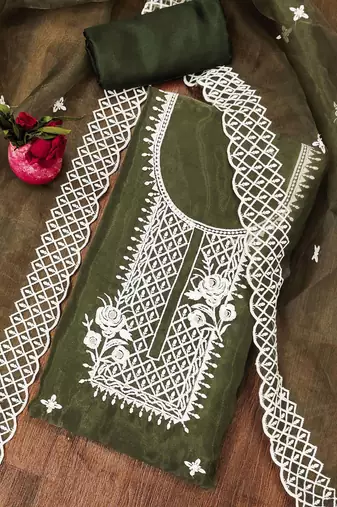 olive organza embroidered dress material