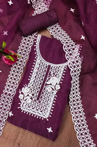 purple organza embroidered dress material