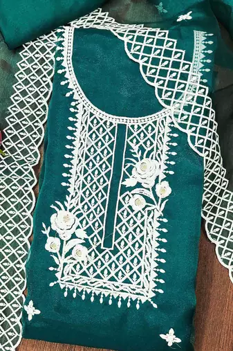teal organza embroidered dress material
