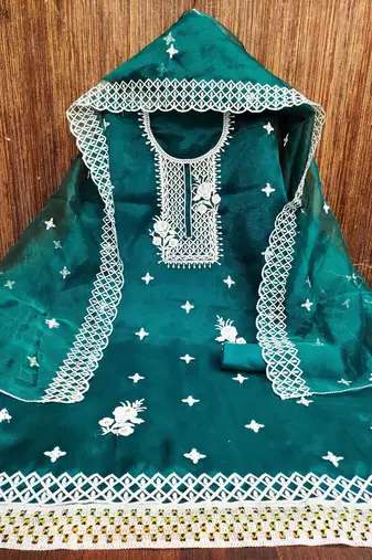 teal organza embroidered dress material