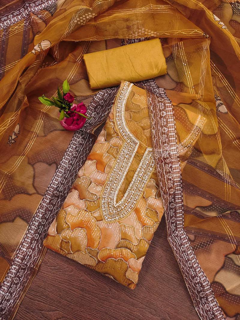 mustard organza sequins dress material