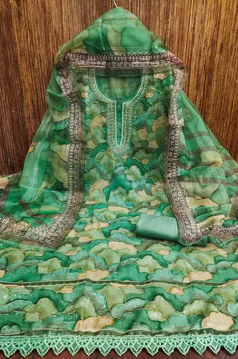sea green organza sequins dress material