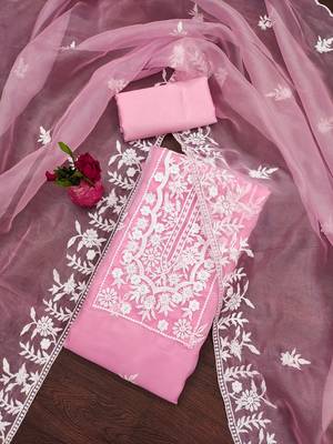 baby pink organza embroidered dress material 1