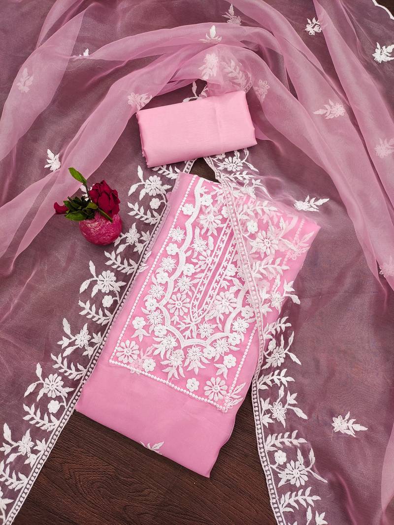 baby pink organza embroidered dress material