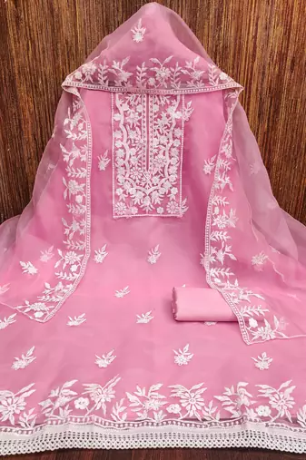 baby pink organza embroidered dress material