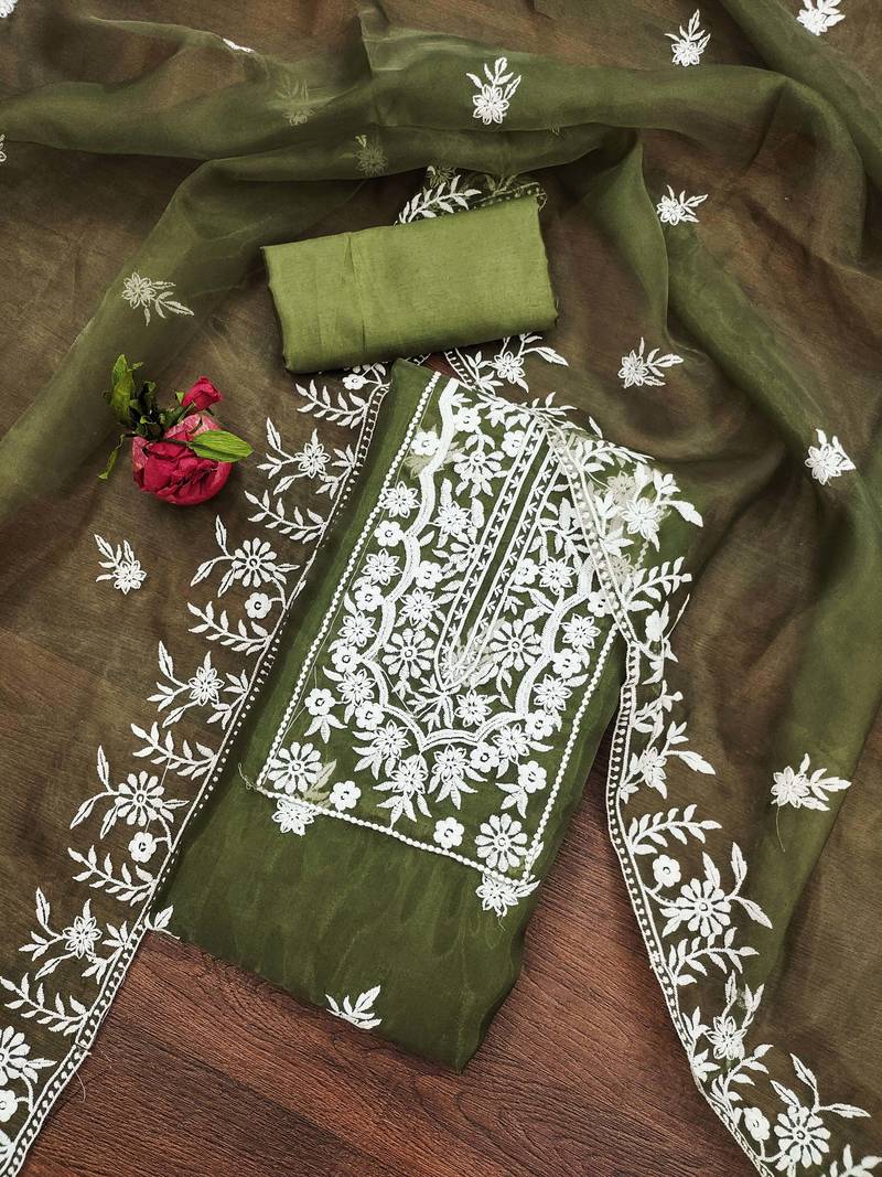 olive organza embroidered dress material