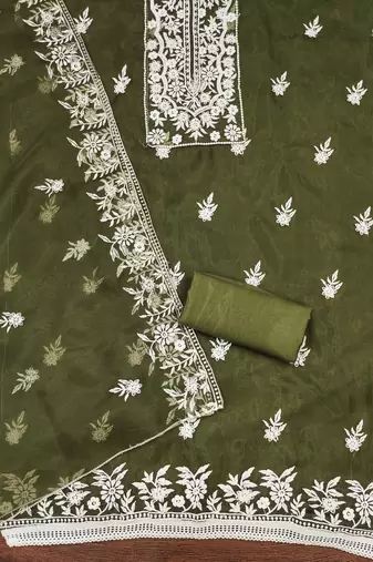 olive organza embroidered dress material