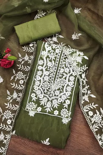 olive organza embroidered dress material