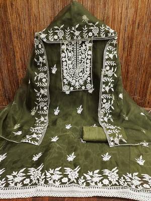 olive organza embroidered dress material 4